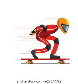 Teen kid pro downhill longboard rider in full protective gear riding fast. Longboarding wearing helmet, jumpsuit, pads and slide gloves. Flat style character vector illustration isolated on white.