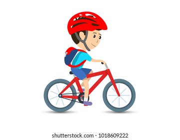 Teen kid school boy cycling on bicycle wearing backpack and helmet, vector illustration