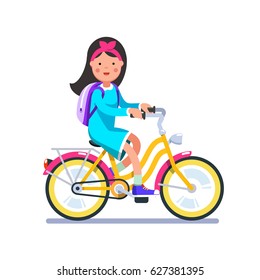 Teen kid school girl cycling on bicycle wearing backpack. Young teen woman hipster riding retro bike. Flat style character vector illustration isolated on white background.