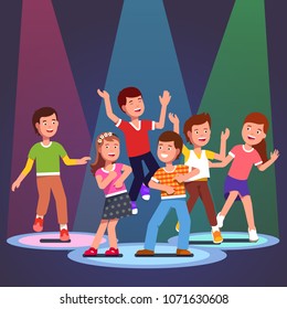 Teen Kids Boys And Girls Dancing In Light Of Color Spotlights. Partying Children Jumping And Dancing Together Having Fun In The Club. Flat Style Vector Character Illustration