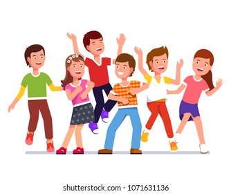 Teen Kids Boys And Girls Group Dancing Together. Partying Children Jumping And Dancing Having Fun. Flat Style Vector Character Illustration Isolated On White Background