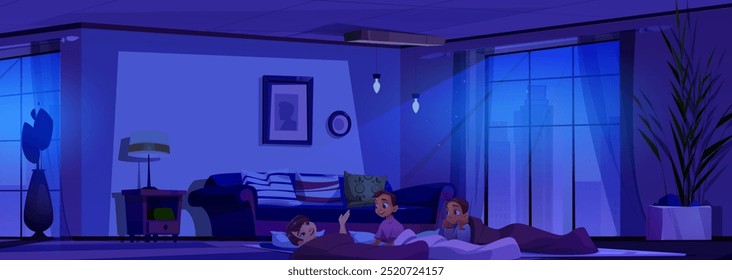 Crianças adolescentes deitadas no chão cobertas com cobertores e conversando à noite. As crianças dormem sob o luar pela janela. Ilustração vetorial de desenhos animados da festa do pijama dos adolescentes em casa ao entardecer.