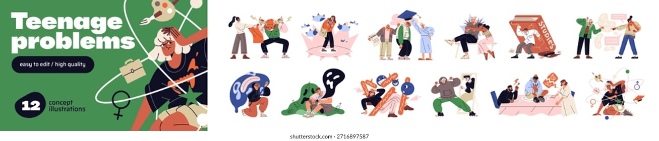 Os problemas da vida na adolescência estão definidos. Conceito de problemas e dificuldades de adolescentes. Depressão, pressão psicológica e social, autodeterminação e abuso. Ilustrações isoladas planas de vetor em branco
