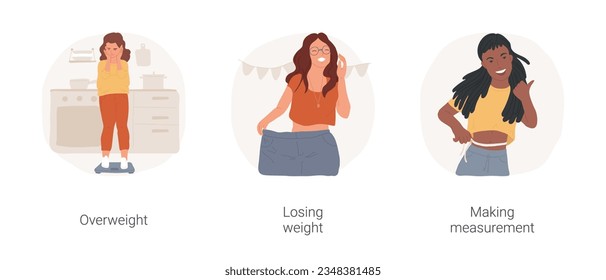 Teen losing weight isolated cartoon vector illustration set. Girl standing on weights with unhappy face, overweight problem, pants become too big, losing weight, measure waist vector cartoon.