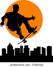 Teen makes a jump on a skateboard on the background of the cityscape;
