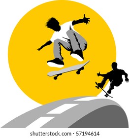 Teen makes a jump on a skateboard on the background of the moon;