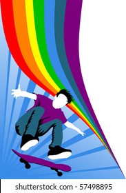 Teen makes a jump on a skateboard on the background of the rainbow;