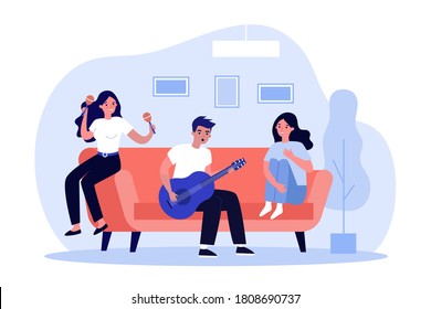 Teen music band rehearsing song at home. Girl and guy playing guitar, maraca flat vector illustration. Hobby, musical education, talent concept for banner, website design or landing web page