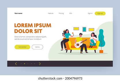 Teen music band rehearsing song at home. Girl and guy playing guitar, maraca flat vector illustration. Hobby, musical education, talent concept for banner, website design or landing web page
