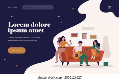 Teen music band rehearsing song at home. Girl and guy playing guitar, maraca flat vector illustration. Hobby, musical education, talent concept for banner, website design or landing web page