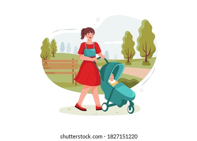 Teen nanny with cute baby in stroller playing in park