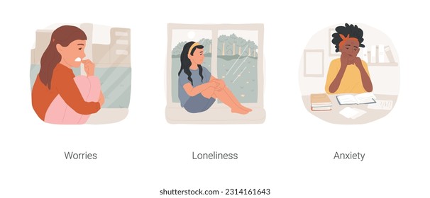 Teen negative feelings isolated cartoon vector illustration set. Sad girl sits near window, teenage worries, stressed teen, alone in room, feel loneliness, anxiety and frustration vector cartoon.