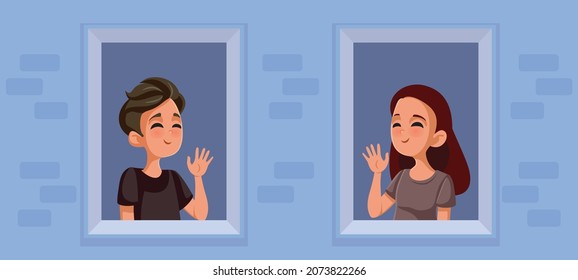 Teen Neighbors Saluting Each Other On The Window Vector Illustration. Teenager Girl Waving Back To Her Neighbor Friend 
