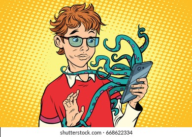 Teen And Octopus In The Smartphone, Danger Online. Viruses And Hackers. Internet Addiction. Pop Art Retro Comic Book Vector Illustration