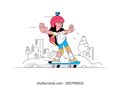 Teen on skate vector illustration. Happy teenager having fun on skateboard flat style. Camera on head. Girl wearing protective equipment. Hobby and active lifestyle concept.