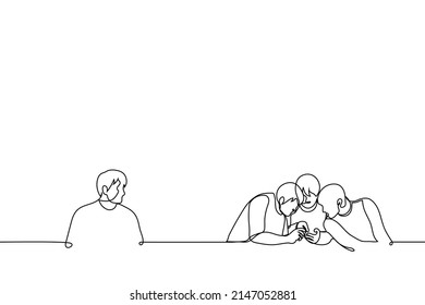 teen outsider sitting alone and jealous of company of friends addicted to phone - one line drawing vector. concept of hermitage, bullying, lack of friends, social awkwardness, self doubt