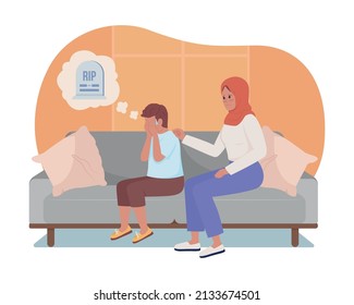 Teen with panic disorder 2D vector isolated illustration. Fear of death flat characters on cartoon background. Phobia of loss colourful scene for mobile, website, presentation. Bebas Neue font used