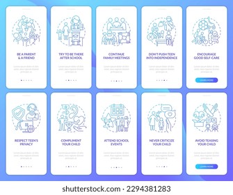 Teen parenting and self esteem blue gradient onboarding mobile app screens set. Walkthrough 5 steps graphic instructions with linear concepts. UI, UX, GUI template. Myriad Pro-Bold, Regular fonts used