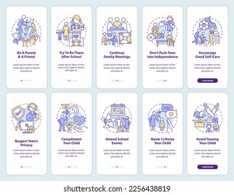 Teen parenting and self esteem onboarding mobile app screens set. Walkthrough 5 steps editable graphic instructions with linear concepts. UI, UX, GUI template. Myriad Pro-Bold, Regular fonts used
