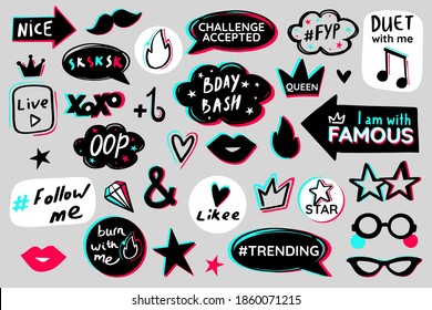 Teen party glitch props set. Modern music social media style. Birthday photo booth props celebration design icon. Black blue pink sticker pack.