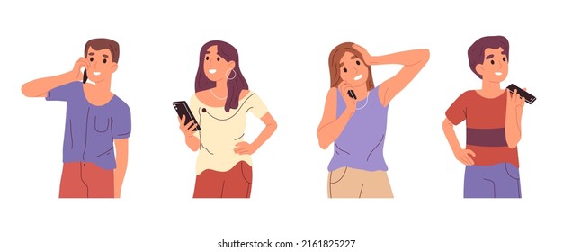 Teen people using smartphone, boys and girls talking on cellphone. Men and women holding smartphone, chatting, using internet vector illustration set. Internet communication concept