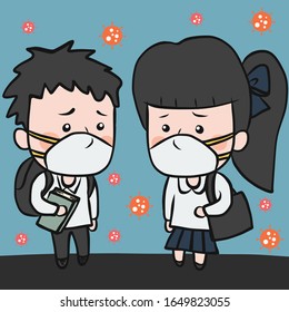 Teen people wear protection mask for protect virus in the air cartoon vector illustration