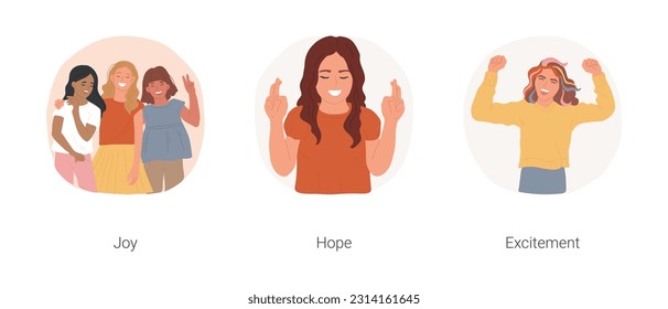 Teen positive emotions isolated cartoon vector illustration set. Diverse teenage girls laughing, express emotion, girl holding fingers crossed, feel hope, adolescent excitement vector cartoon.