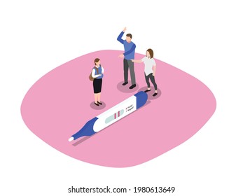 Teen Pregnancy Isometric Vector Concept. Pregnant Teenage Girl With Pregnancy Test Pack Getting Scolded By Parents