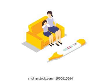 Teen Pregnancy Isometric Vector Concept. Sad Pregnant Teenage Girl Talking With Her Mother On Sofa