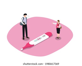 Teen Pregnancy Isometric Vector Concept. Frustrated Teenage Students Couple Getting Pregnant With Positive Pregnancy Test Pack