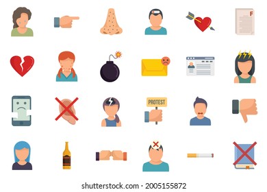 Los iconos de problemas adolescentes se configuran. Conjunto plano de problemas de adolescentes iconos vectoriales aislados en fondo blanco