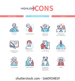 Teen Problems - Line Design Style Icons Set With Blue, Red Color Filling. Teenagers Having Troubles With Parents, Personal Identity, At School. Stress, Fear, Depression And Loneliness Of Young Adult