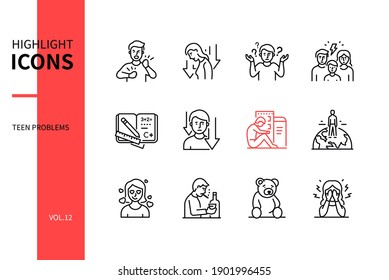 Teen Problems - Line Design Style Icons Set With Blue, Red Color Filling. Teenagers Having Troubles With Parents, Personal Identity, At School. Stress, Fear, Depression And Loneliness Of Young Adult