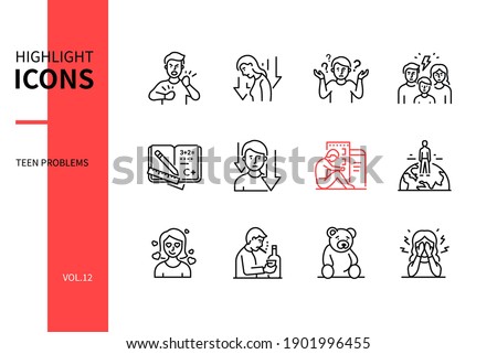 Teen problems - line design style icons set with blue, red color filling. Teenagers having troubles with parents, personal identity, at school. Stress, fear, depression and loneliness of young adult