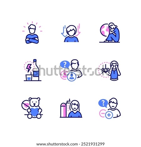 Teen problems - line design style icons set. Anger, depression, loneliness, bad habits and addiction, personal identity, previous interests forsake, fear, aloofness, insecurity. Psychological issues