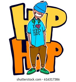 Teen rapper stands on the background is on the background of graffiti. Vector isolated image. Hand made style. Prints, posters, videos, mobile apps, web sites and print projects.