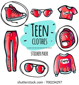 Teen red clothes and sunglasses sticker pack in 80-90's style. Colorful isolated icons for fashion patches, pins, scrapbooking, stickers, badges, cards, banners, poster design etc. 