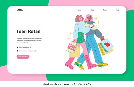 Teen Retail Bliss. Two happy teens with vibrant shopping bags embody the joy of retail therapy. The spirit of youth and modern fashion converge. Vector illustration