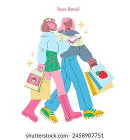 Teen Retail Bliss. Two happy teens with vibrant shopping bags embody the joy of retail therapy. The spirit of youth and modern fashion converge. Vector illustration