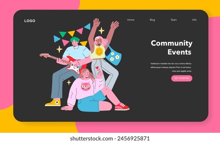 Teen Retail Community set. Joyful teens partake in local events, sharing music and companionship. Celebratory atmosphere, youthful spirit, community connection. Vector illustration.
