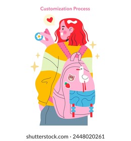 Teen Retail Customization concept. A smiling teen adorning her backpack with unique patches, expressing individuality and style. Personal touches, creative flair, self-expression. Vector illustration.