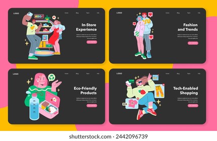 Teen Retail Digital Showcase set. Vibrant web design elements with teens enjoying in-store, fashion, eco-products, and tech shopping. Dynamic online retail experience. Vector illustration