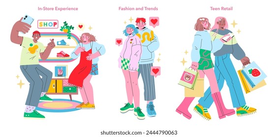 Teen Retail Experience set. Youthful shopping spree, teens exploring in-store and fashion trends. Capturing moments, sharing style, enjoying retail therapy. Vector illustration.