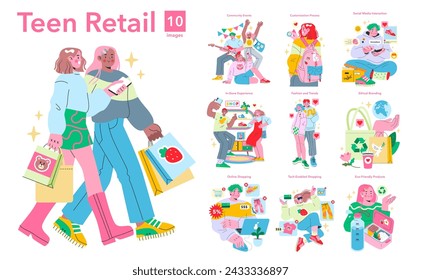 Teen Retail set. Diverse adolescents engaging in shopping and social trends. Youth culture and digital engagement. Trendy attire and social interaction. Vector illustration