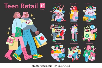 Teen Retail set. Diverse adolescents engaging in shopping and social trends. Youth culture and digital engagement. Trendy attire and social interaction. Vector illustration