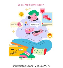 Teen Retail Social Media theme. A teen engages with friends and trends online, sharing sneaker passion. Connectivity, digital trends, and social commerce in focus. Vector illustration.