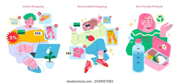 Teen Retail Technology set. Youth navigating online shopping, embracing tech for purchases, choosing eco-friendly products. Digital savvy, sustainability focus, modern consumerism. Vector illustration