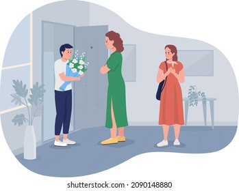 El romance adolescente y las relaciones 2D vector ilustración aislada. Madre furiosa escéptica mirando a un niño extraño con personajes planos sobre el fondo de las caricaturas. Escena colorida excesiva del control parental