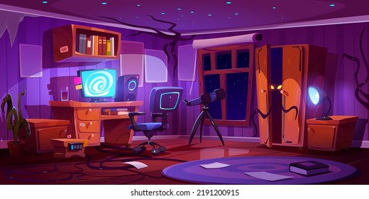 Teen room with alien or monster hiding in wardrobe. Halloween scary background of kids nightmares. Vector cartoon illustration of interior with computer, telescope and black tentacles