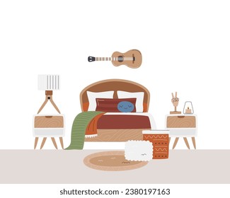 Teen room with single bed decorated with fabrics. Cool interior design with guitar and artistic mannequin. Eco cozy wooden furniture isolated. Children's bedroom hand drawn flat vector illustration